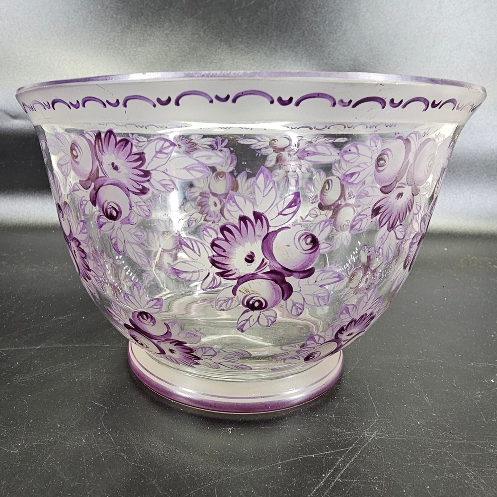 Rare Glass Bowl 5.5" Antique 1920s Hand Painted‎ Purple Floral Footed Art Deco